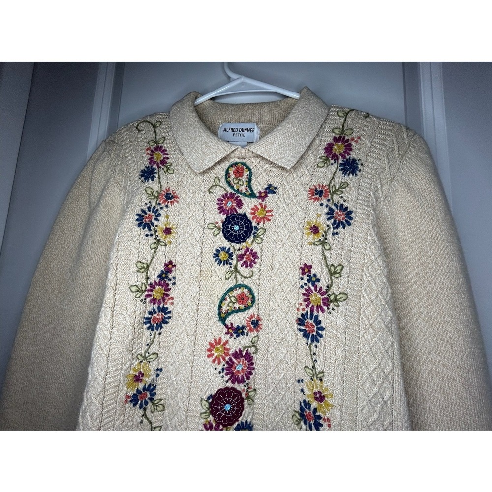 Alfred Dunner Cream Sweater with Multicolor Floral Embroidery